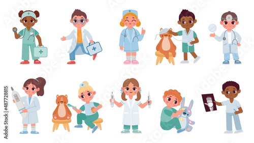 Children play hospital in doctor uniform with first aid kit toy. Cute cartoon kids with medical equipment. Healthcare profession vector set