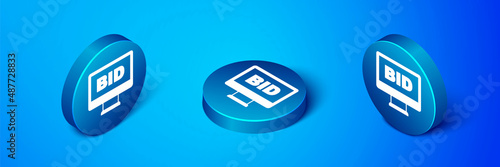 Isometric Online auction icon isolated on blue background. Bid sign. Auction bidding. Sale and buyers. Blue circle button. Vector