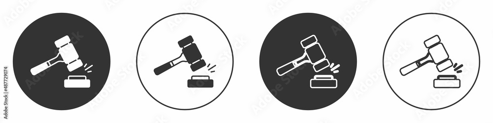 Black Auction hammer icon isolated on white background. Gavel - hammer of judge or auctioneer. Bidding process, deal done. Auction bidding. Circle button. Vector Black Auction hammer icon isolated on white background. Gavel - hammer of judge or auctioneer. Bidding process, deal done. Auction bidding. Circle button. Vector