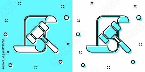 Black line Auction hammer icon isolated on green and white background. Gavel - hammer of judge or auctioneer. Bidding process, deal done. Auction bidding. Random dynamic shapes. Vector