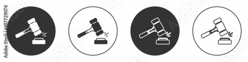 Black Auction hammer icon isolated on white background. Gavel - hammer of judge or auctioneer. Bidding process, deal done. Auction bidding. Circle button. Vector