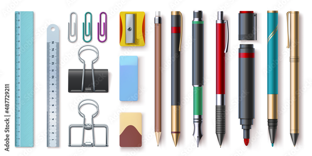 Realistic office stationery, writing tools, paper clips, and ruler. Pen,  pencil, marker, sharpener and eraser. 3d school supplies vector set vector  de Stock | Adobe Stock