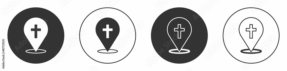 Black Map pin church building icon isolated on white background. Christian Church. Religion of church. Circle button. Vector Black Map pin church building icon isolated on white background. Christian Church. Religion of church. Circle button. Vector