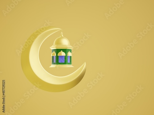 Moslem Islamic Background. Gold Lantern moon . Design concept of ramadan kareem, mawlid, iftar,isra and miraj or eid al fitr adha, copy space text area, 3D Rendering