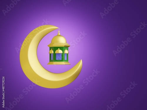 Moslem Islamic Background. Gold Lantern moon . Design concept of ramadan kareem, mawlid, iftar,isra and miraj or eid al fitr adha, copy space text area, 3D Rendering