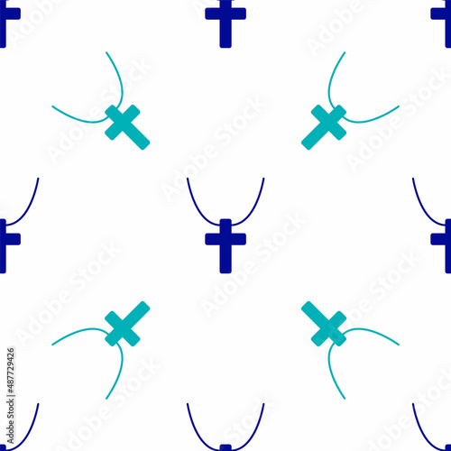 Blue Christian cross on chain icon isolated seamless pattern on white background. Church cross. Vector