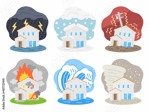 住宅の災害のイラストセット