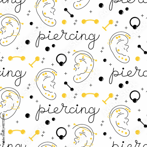 International piercing day. Seamless pattern with body jewelry. Ear, belly, lips pierced.