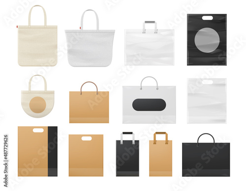 Realistic shopping paper, plastic and cloth tote bag mockups. Eco reusable white bags with handle. Corporate branding bags design vector set