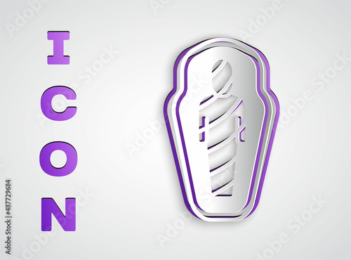 Paper cut Egypt mummy in sarcophagus icon isolated on grey background. Paper art style. Vector