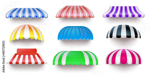 Store, shop or cafe front striped sunshade awning. Realistic market summer outdoor canopy. Restaurant facade shelter, tent roof vector set