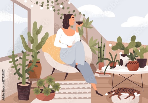 Woman relaxing on cozy balcony, sitting in chair, drinking tea. Happy person resting on green terrace, home garden with house plants. Female in summer rooftop interior. Flat vector illustration