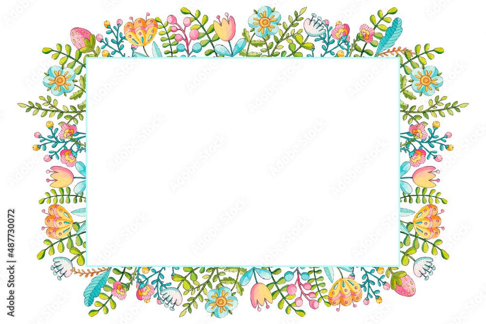 A frame made of spring Easter elements. Watercolor illustration on a white background. A frame made of spring Easter elements. Watercolor illustration on a white background.