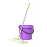 Realistic 3d rag mop and plastic bucket, floor cleaning equipment. Sponge broom and pail. House cleanup tools and wet floor vector concept