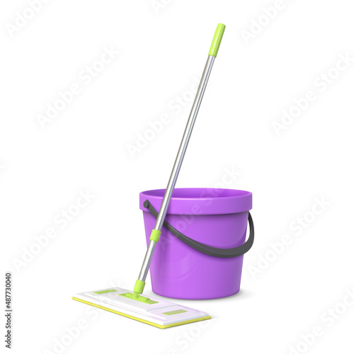 Fotografia Realistic 3d rag mop and plastic bucket, floor cleaning equipment