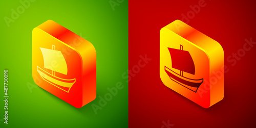 Isometric Egyptian ship icon isolated on green and red background. Egyptian papyrus boat. Square button. Vector