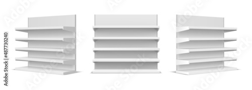 White empty store shelf rack mockup front and perspective view. Realistic supermarket stand, bookcase, shop product exhibition vector set