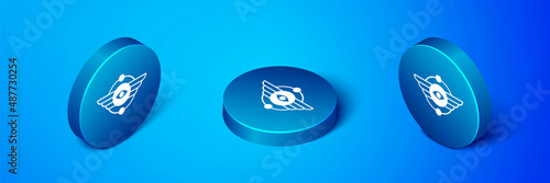 Isometric Egyptian symbol Winged sun icon isolated on blue background. Blue circle button. Vector