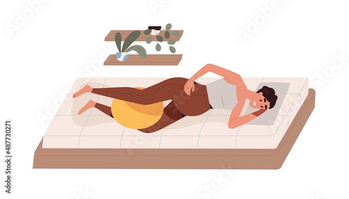 Pregnant woman with belly and ball between legs for pain relief during prenatal contractions, spasms before child birth, labor and baby delivery. Flat vector illustration isolated on white background