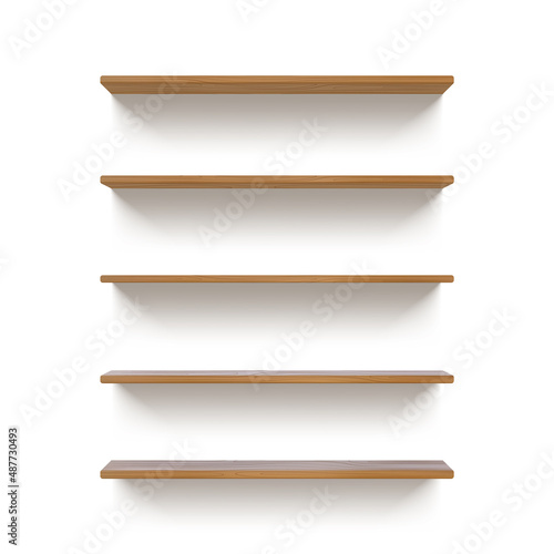 Fototapeta Naklejka Na Ścianę i Meble -  Realistic 3d empty wooden wall shelves for book display. Bookshelf mockup with wood texture. Grocery market racks front view vector template
