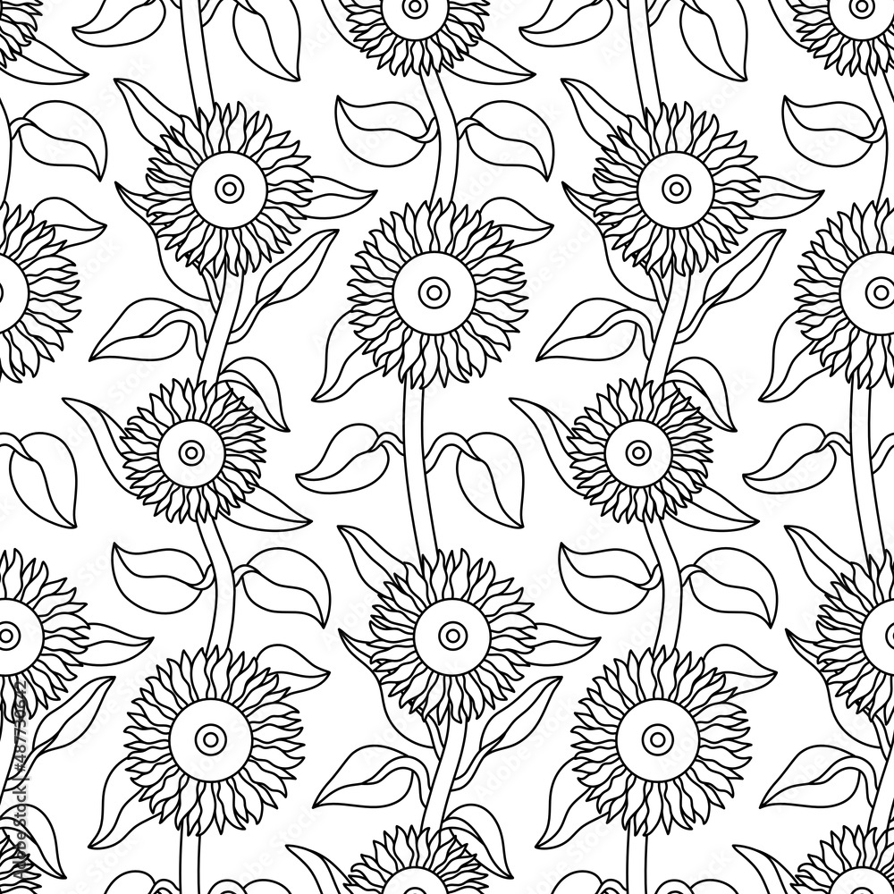 Fototapeta premium Black and White Hand Drawn Sunflower Vector Seamless Pattern