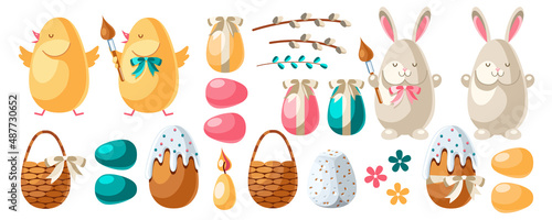 Easter elements collection. Eggs, bunny, chick, basket, easter cake, curd easter, candle, flowers, willow twig in cartoon style.  Set of vector illustrations for postcards, banners and flyers.