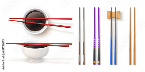 Realistic chopstick designs and bowl with soy sauce. Traditional japanese bamboo utensils. Chopsticks for sushi and asian food vector set