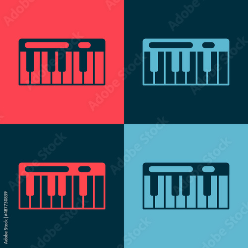 Pop art Music synthesizer icon isolated on color background. Electronic piano. Vector