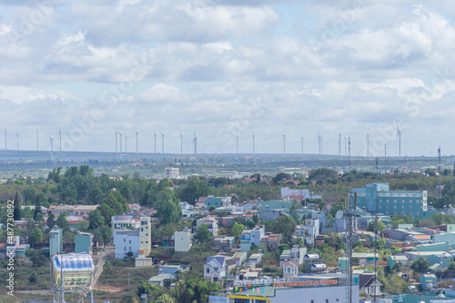 Aerial view of Pleiku city in the morning, far away is Ham Rong mountain. Travel and landscape concept.