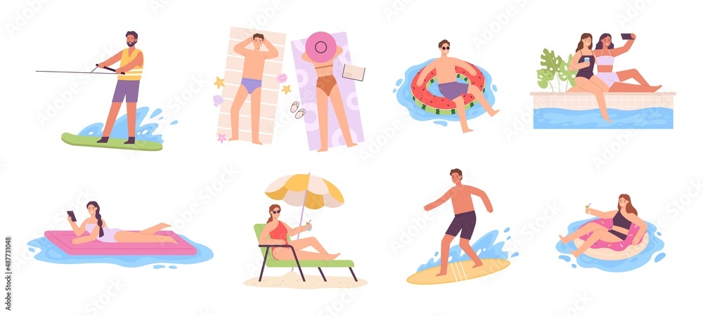 Flat characters enjoying summer, sunbathe on lounger and lay at swim rings. Women in swimming pool. Men surfer. Tourists activity vector set Flat characters enjoying summer, sunbathe on lounger and lay at swim rings. Women in swimming pool. Men surfer. Tourists activity vector set