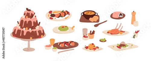 Dishes  meals set. Cooked food from restaurant. Served dinner portions on plates  cake  desserts  pastry  soup  main courses  pasta and sushi. Flat vector illustrations isolated on white background