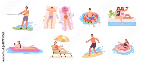 Flat characters enjoying summer, sunbathe on lounger and lay at swim rings. Women in swimming pool. Men surfer. Tourists activity vector set