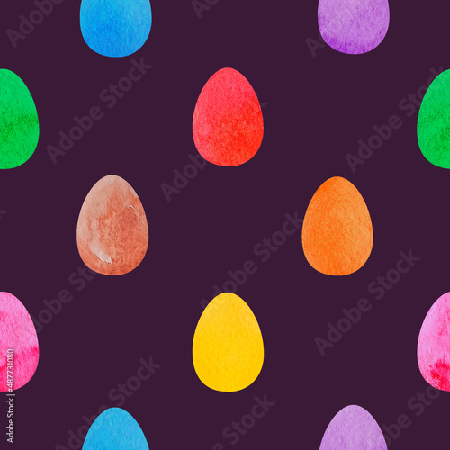 Pattern of watercolor eggs. Easter watercolor colorful eggs illustration drawing. Seamless watercolor pattern. Easter themed background.