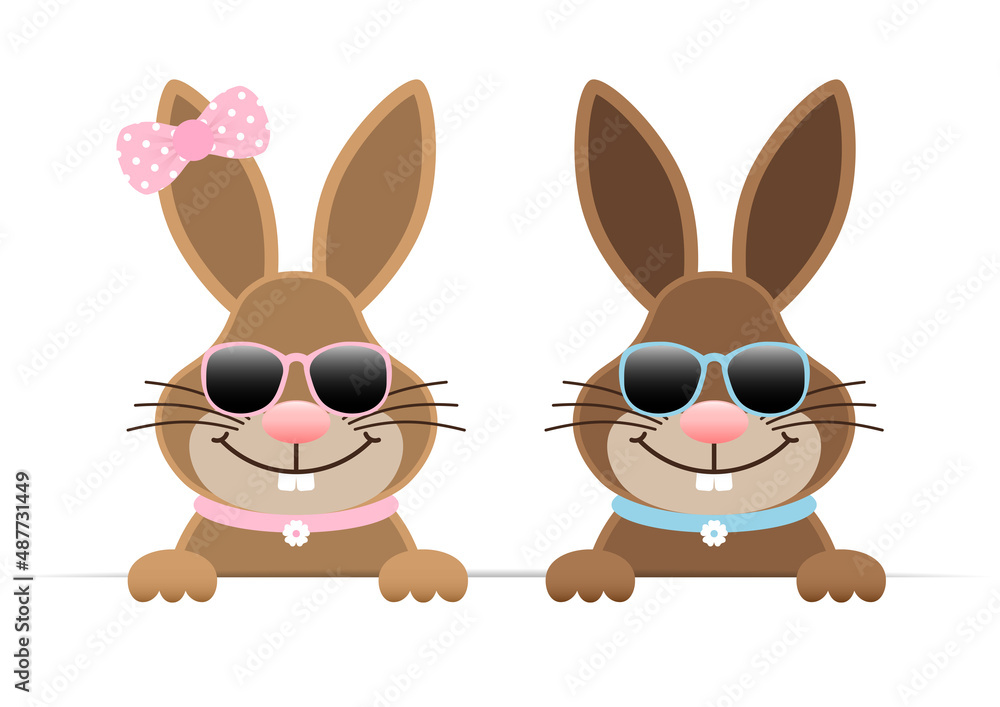Obraz premium 2 Osterhasen Mädchen & Junge Groß Sonnenbrille Halten Banner