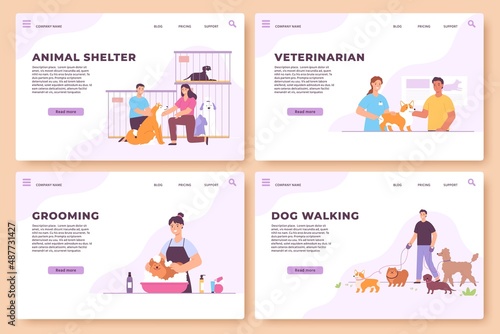 Animal care service, grooming, veterinarian, walking and shelter landing. Web pages for pets salon, veterinary and dog volunteers vector set
