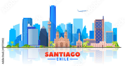 Santiago de Chile city skyline on a white background. Flat vector illustration. Business travel and tourism concept with modern buildings. Image for banner or website.
 photo