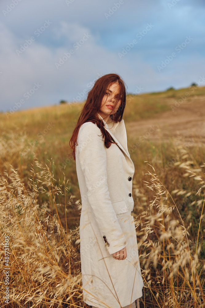 beautiful woman coat outdoors walk harvest beautiful woman coat outdoors walk harvest