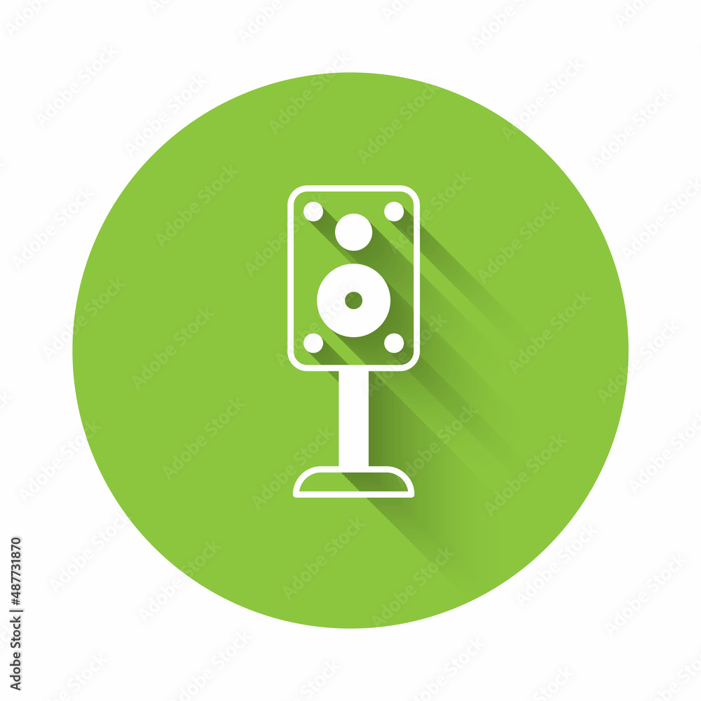 White Stereo speaker icon isolated with long shadow background. Sound system speakers. Music icon. Musical column speaker bass equipment. Green circle button. Vector White Stereo speaker icon isolated with long shadow background. Sound system speakers. Music icon. Musical column speaker bass equipment. Green circle button. Vector