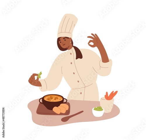 Chef cooking restaurant dish, decorating it with greens, seasonings. Woman cook preparing food, soup. Culinary art, refined cuisine concept. Flat vector illustration isolated on white background