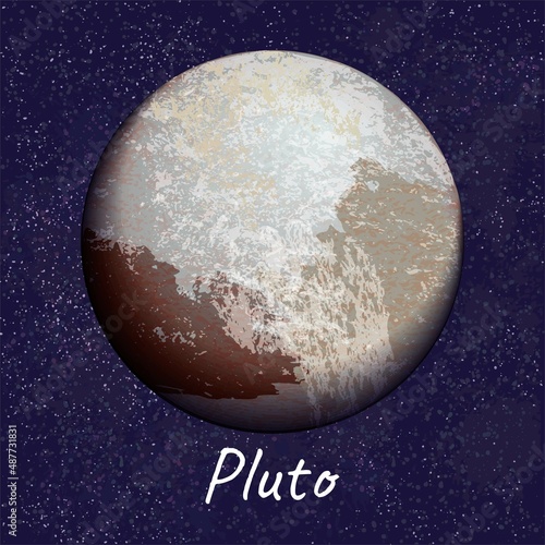 The brown planet Pluto on dark blue space background. Vector realistic illustration of cosmic object from solar system, with caption