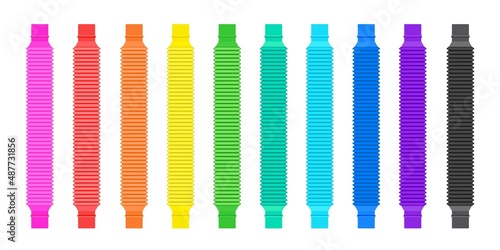Corrugated flexible pop pipes, antistress children toy. Kids sensory fidget plastic tubes. Flat trendy pop toys in rainbow colors vector set