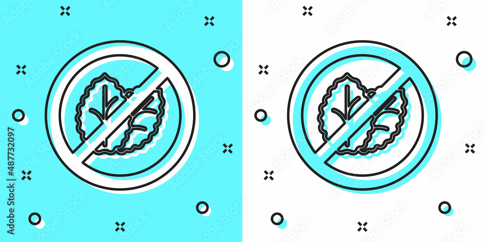 Black line No tobacco leaf icon isolated on green and white background. Tobacco leaves. Random dynamic shapes. Vector Black line No tobacco leaf icon isolated on green and white background. Tobacco leaves. Random dynamic shapes. Vector