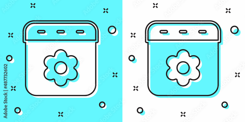 Black line Calendar spring icon isolated on green and white background. Event reminder symbol. Random dynamic shapes. Vector Black line Calendar spring icon isolated on green and white background. Event reminder symbol. Random dynamic shapes. Vector
