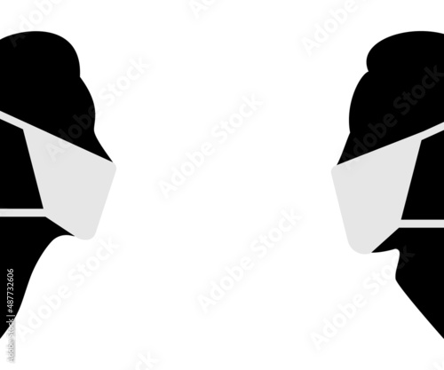 Male and female silhouettes in medical masks. Man and woman with profile faces and heads. Vector illustration on white background.