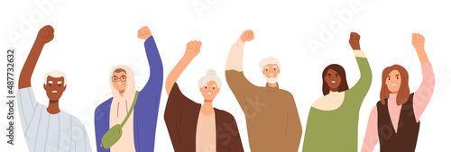 People with clenched fists, hands raised up at protest. Crowd fighting for empowerment. Diverse group movement. Activists at strike. Flat graphic vector illustration isolated on white background
