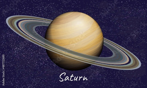 Brown planet Saturn with rings on dark blue space background. Vector realistic illustration of cosmic object from solar system, with caption