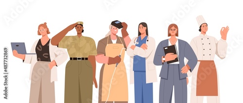 Woman of different professions, jobs. Diverse female workers, group portrait. Women occupations, works. Business person, soldier, doctor, welder. Flat vector illustration isolated on white background