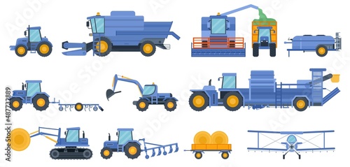 Flat agricultural machinery, farm combine, harvester and tractor. Crop duster, hay cutting machine and field cultivation vehicle vector set