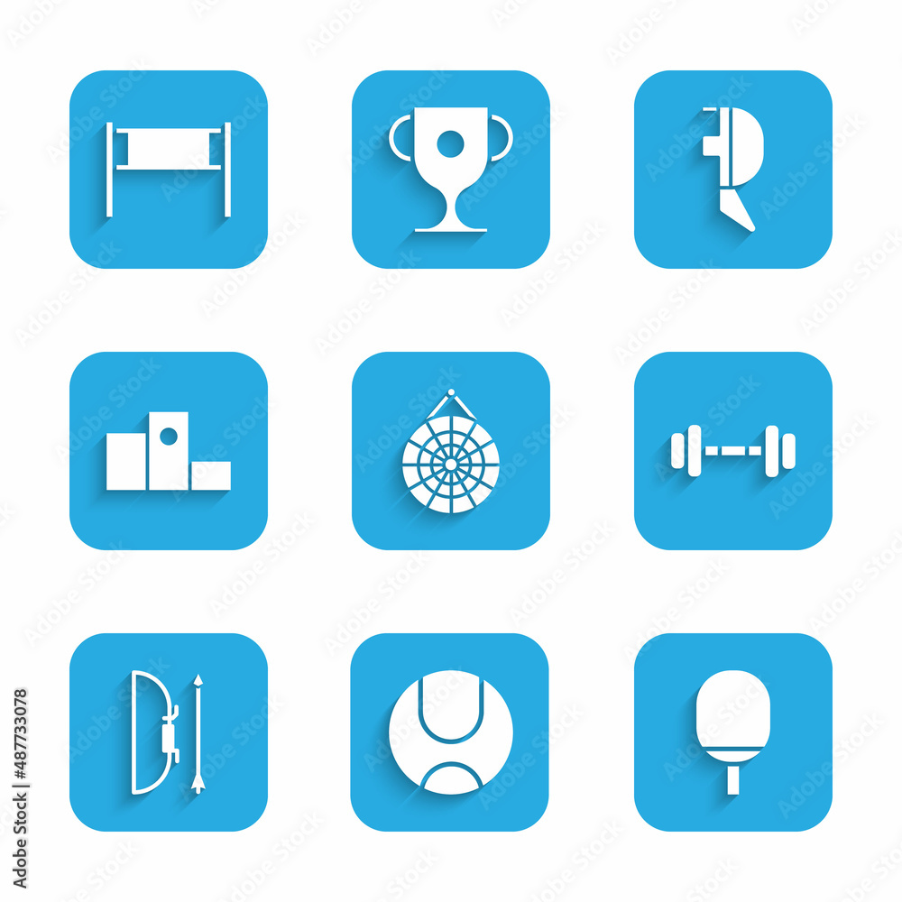 Set Classic dart board, Tennis ball, Racket for playing table tennis, Dumbbell, Bow and arrow