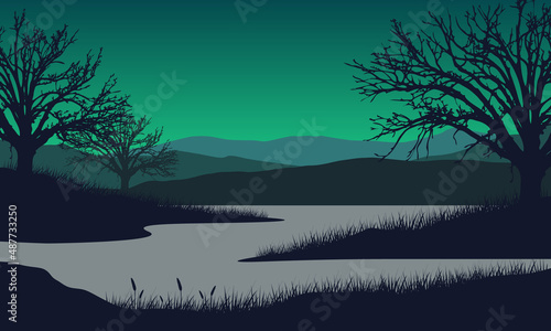 Magnificent views of mountains and lakes from the countryside with silhouettes of pine trees around